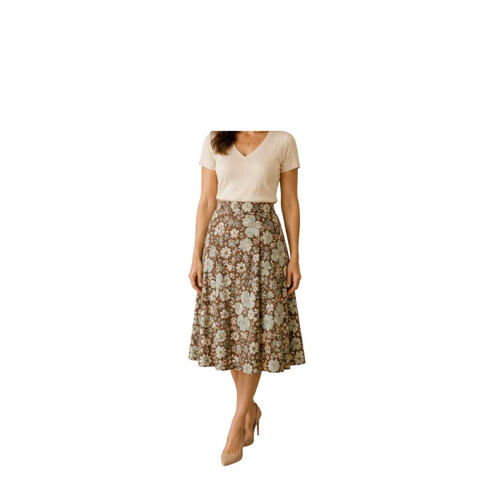 Lapis Floral Skirt Womens Size L Brown Blue A Line Pull On Mid Rise Flowy Comfy